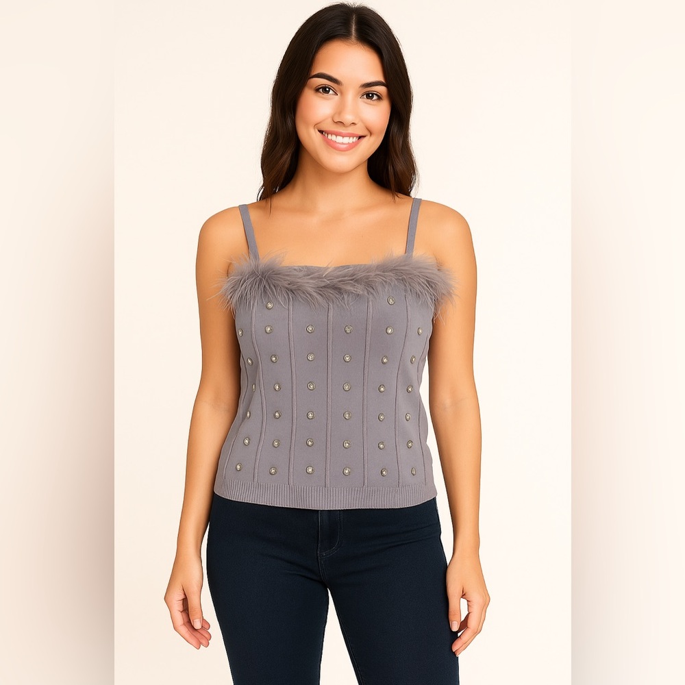 ✨ Grey Feather-Trim Corset Knit Tank – NWT